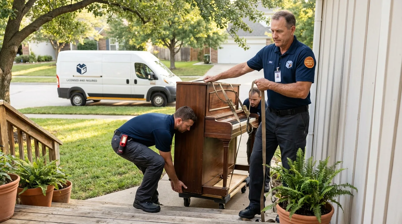 Licensed piano movers securing grand piano in Cashton, WI