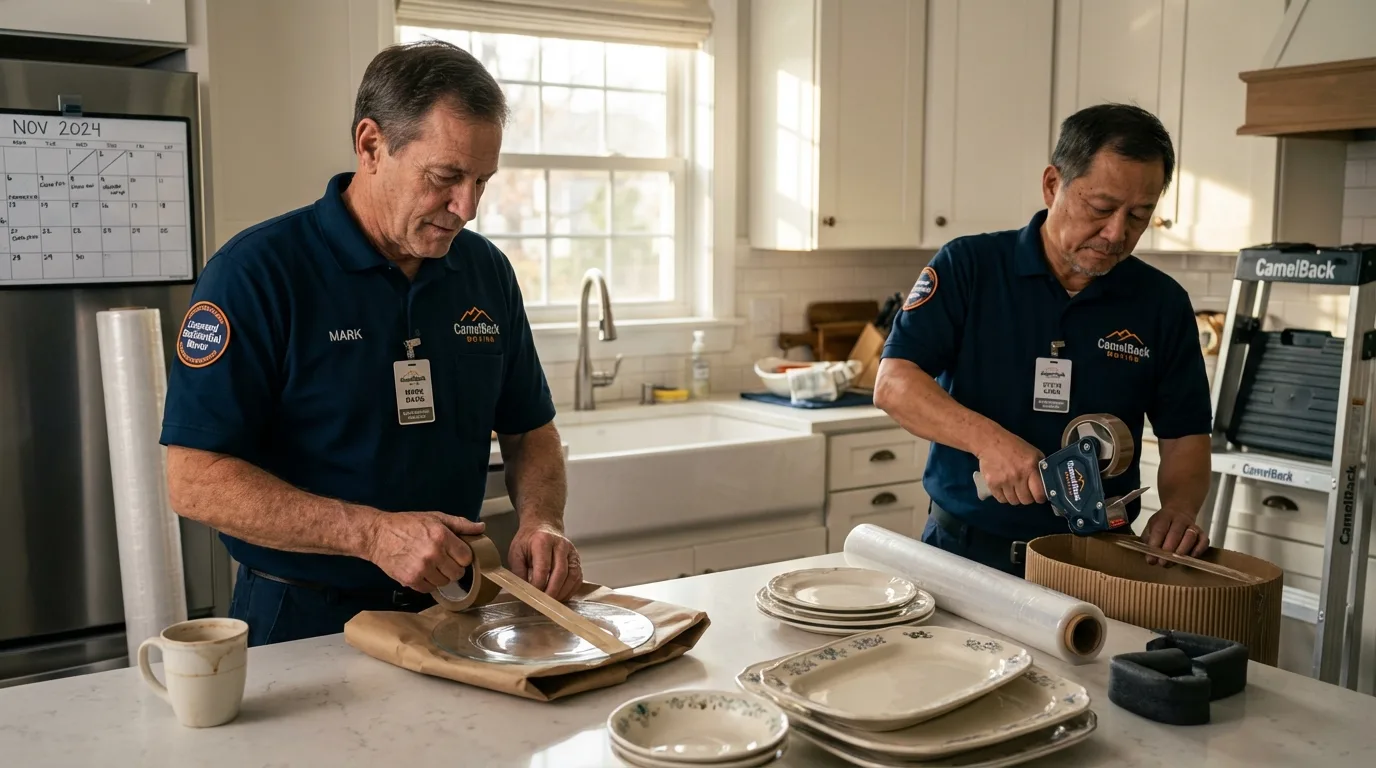 Professional crew packing kitchen dishware in Cashton, WI